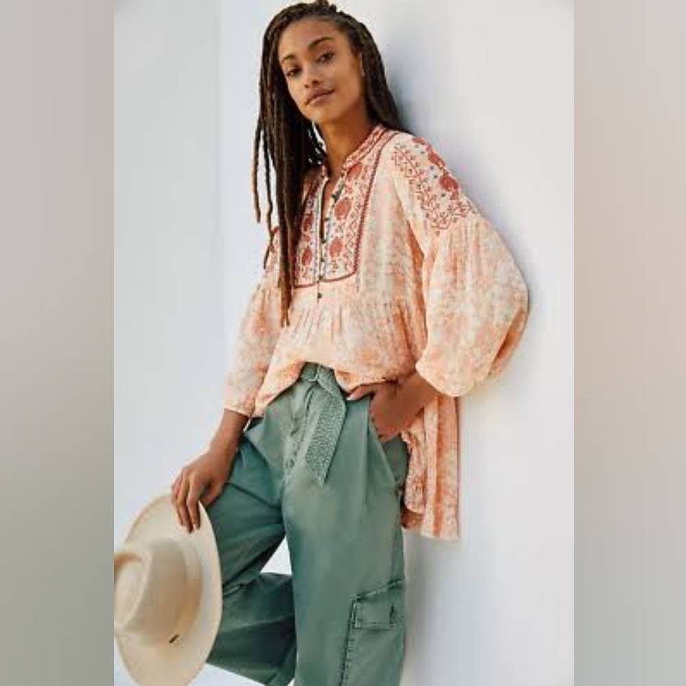 ANTHROPOLOGIE CLAUDIA TUNIC SHIRT TOP BOHO EMBROIDERY XS X SMALL